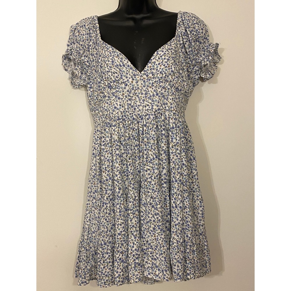 Altar'd State Nadennie Blue Floral Mini Dress V-Neck Puff Sleeve Tiered Medium
